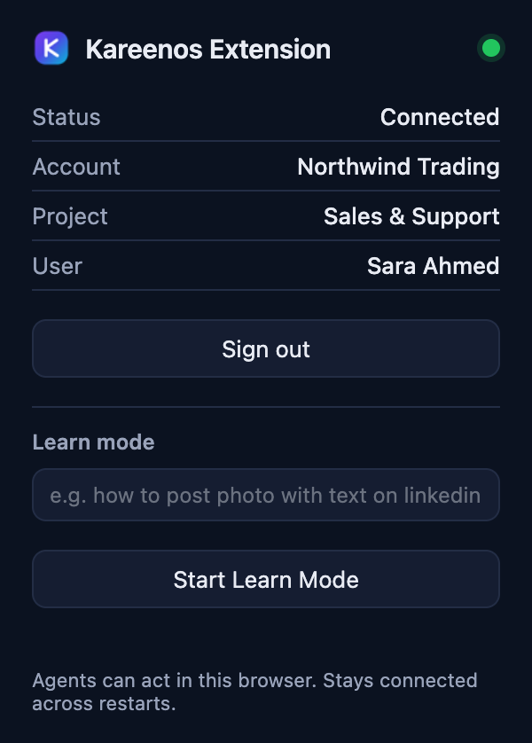 The extension popup showing Connected with the account, project and user filled in