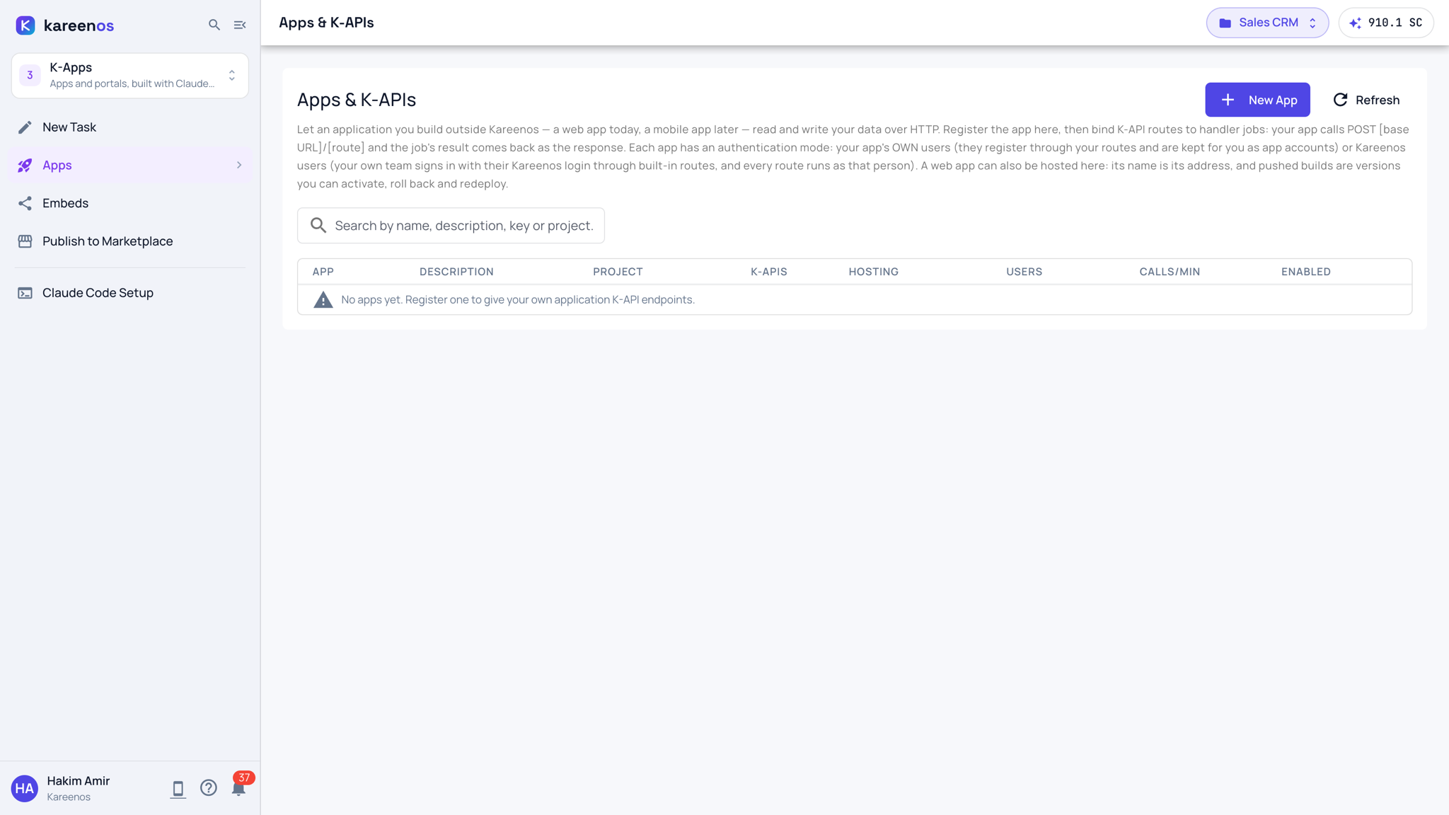 The Apps & K-APIs page in level 3: what an app is, the search box, the app table with its K-APIs, hosting, users, calls and enabled columns, and the New App button