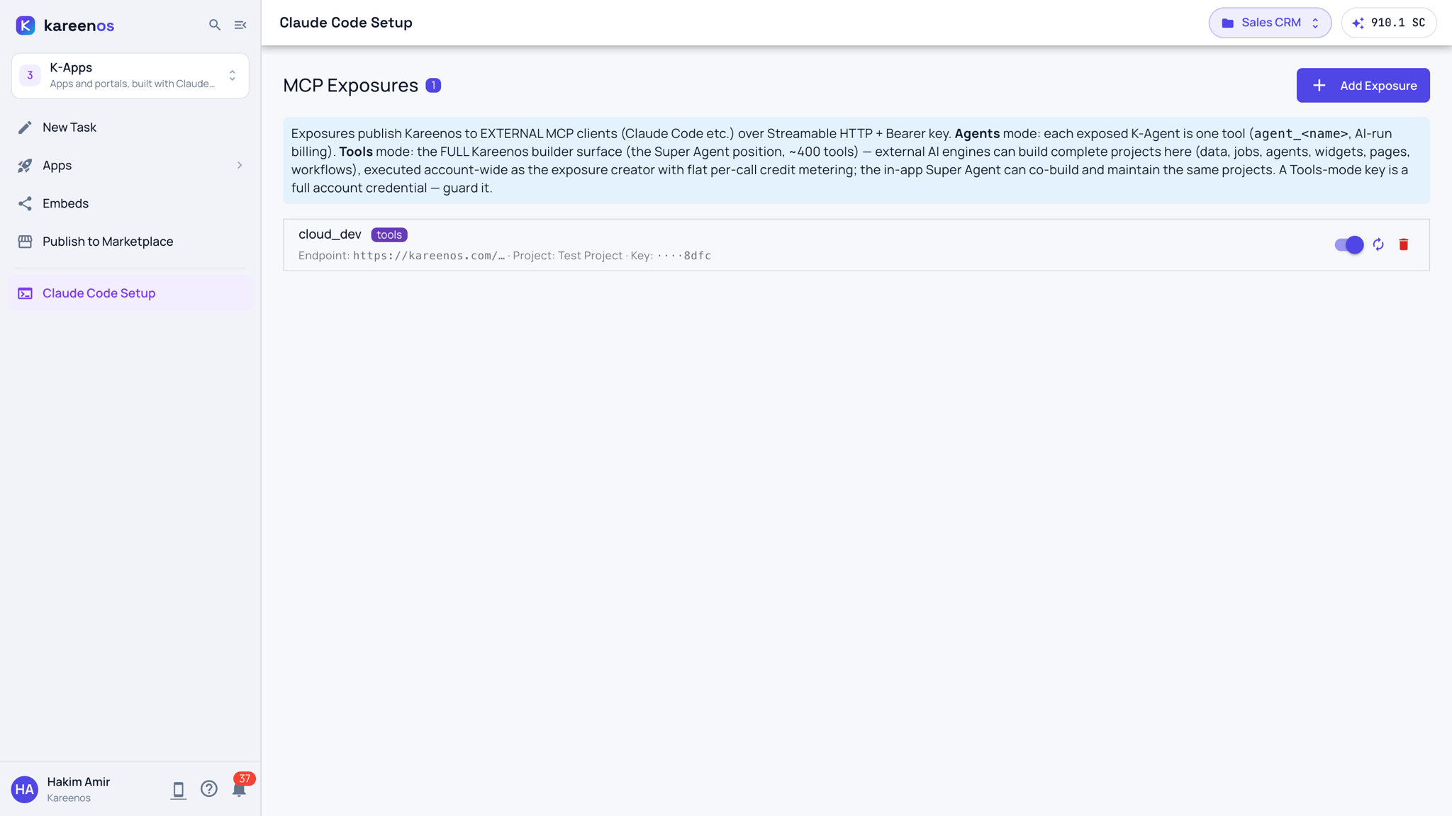 The Claude Code Setup page: the MCP Exposures list with one tools-mode exposure, its endpoint, default project and the last characters of its key, and the Add Exposure button