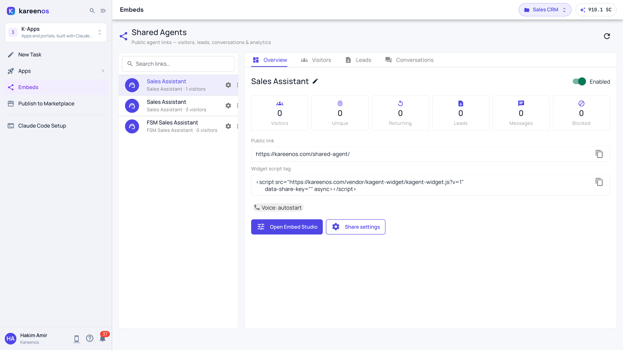 The Embeds page: the Shared Agents console with three shares on the left, and one opened with its Overview, Visitors, Leads and Conversations tabs, visitor counts, the public link and the website script tag with copy buttons, and the Open Embed Studio and Share settings buttons