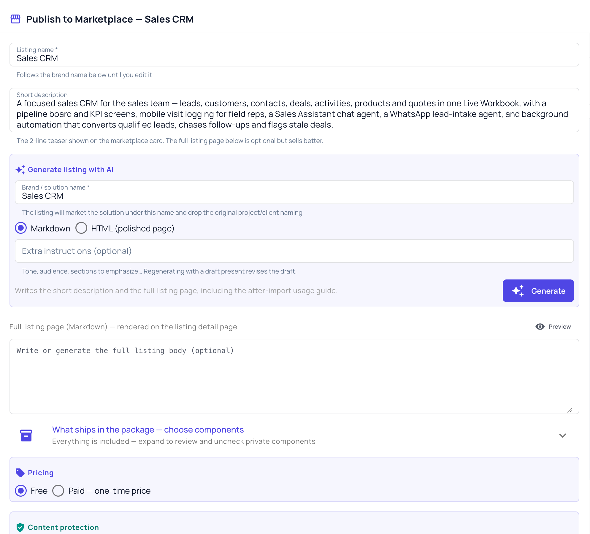 The publish form for the Sales CRM project: Listing name, Short description, Generate listing with AI with the brand name, format and Generate button, the full listing page, What ships in the package, and Pricing with Free or Paid