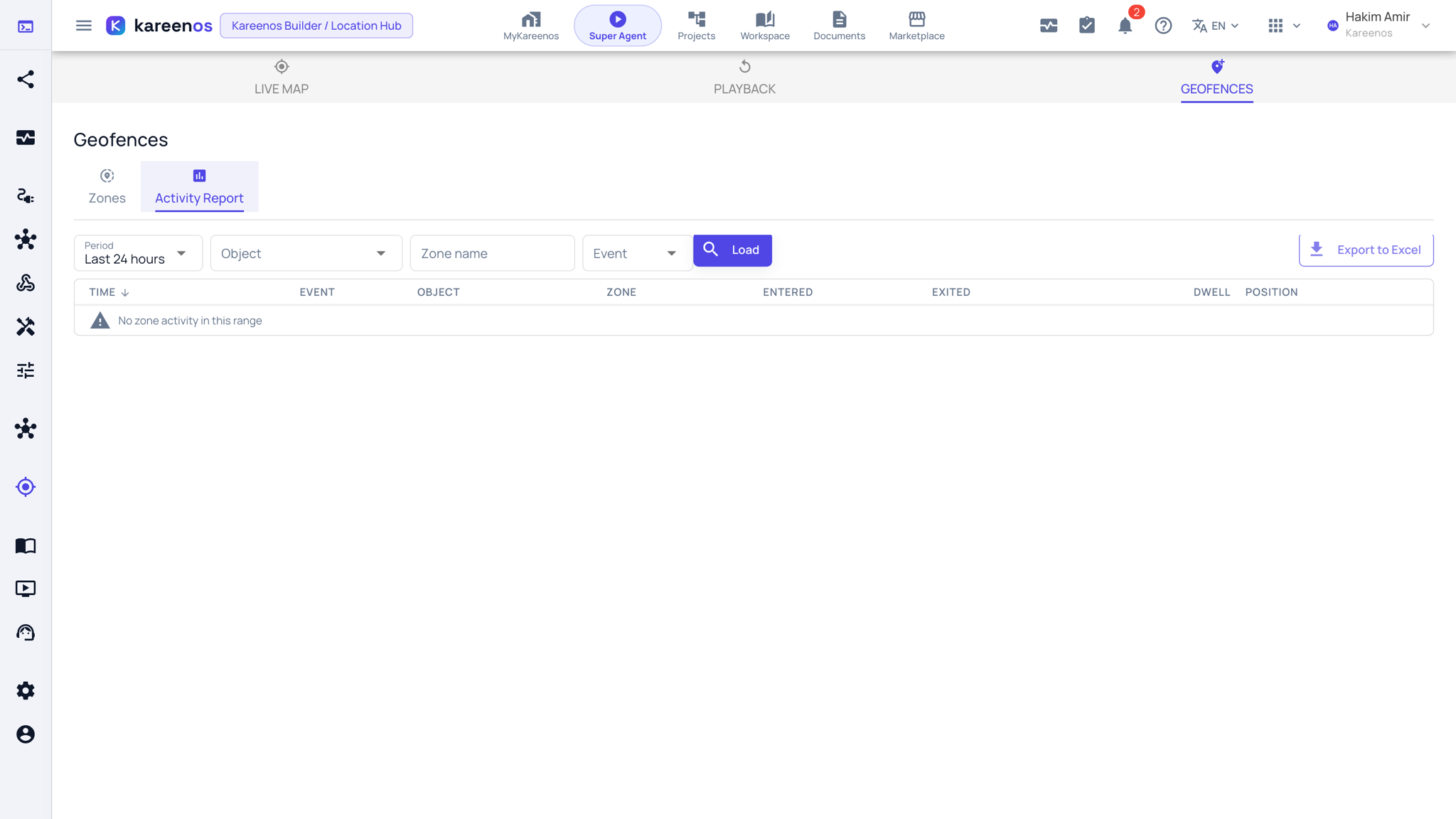 The Activity Report tab with the Period, Object, Zone name and Event filters, the Load button, the Export to Excel button and the activity table