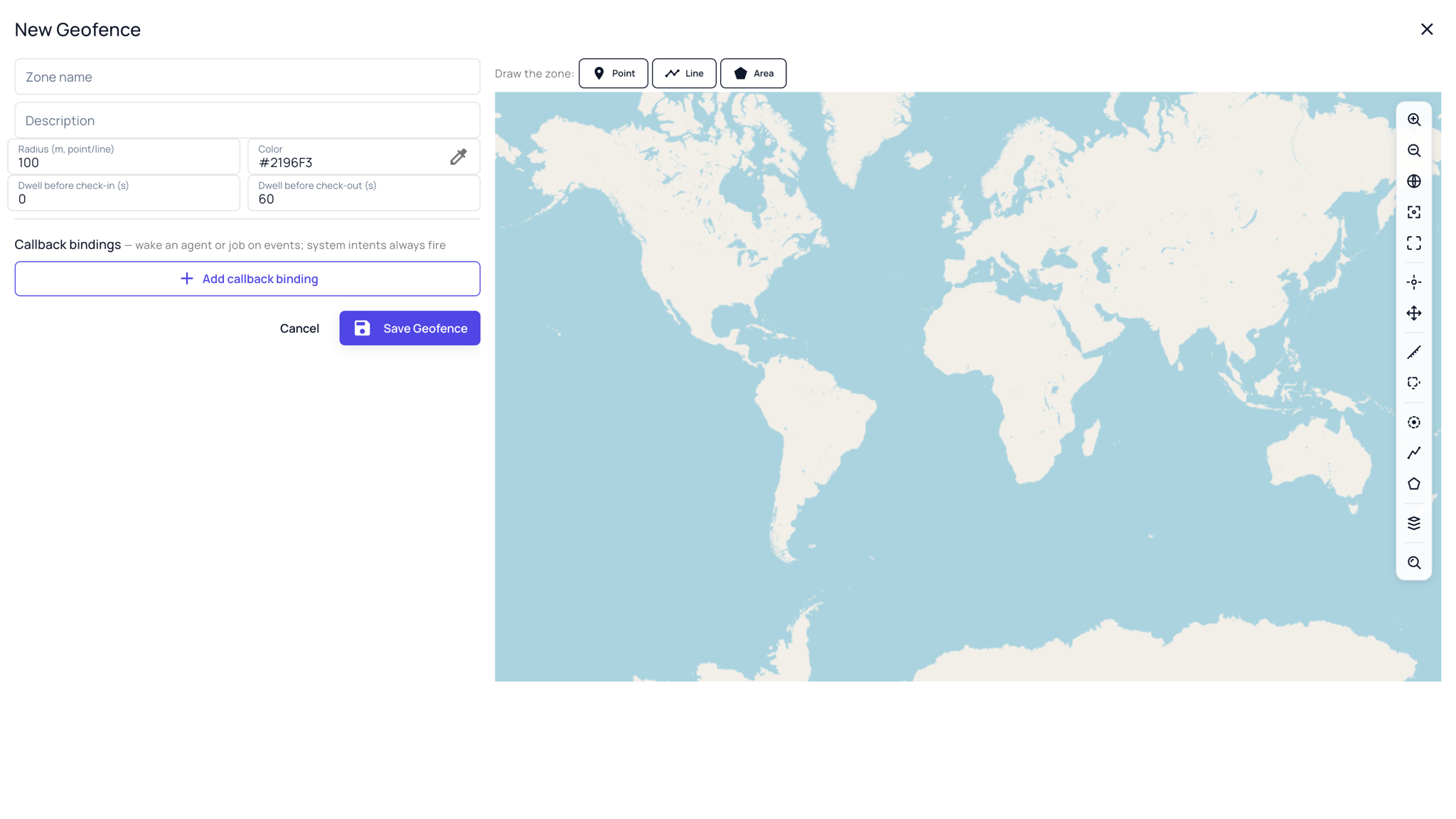 The New Geofence editor: Zone name, Description, Radius, Colour and the two dwell fields on the left, the Point, Line and Area shape buttons above the map, and the Add callback binding and Save Geofence buttons