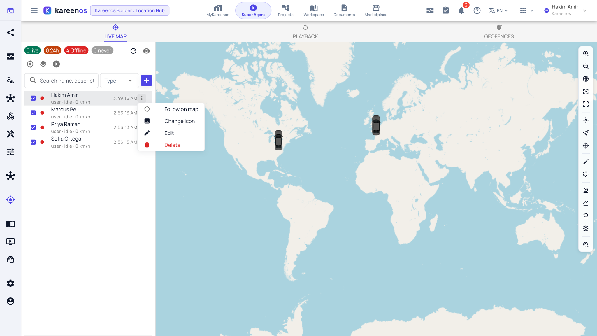 The Live Map with an object's three-dot menu open, offering Follow on map, Change Icon, Edit and Delete
