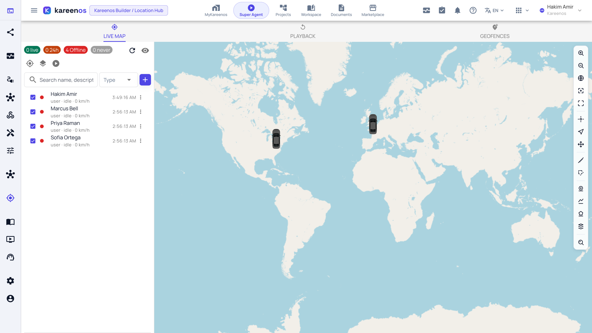 The Live Map with the object panel on the left, counts of live, recent and offline objects across the top, and markers on the map