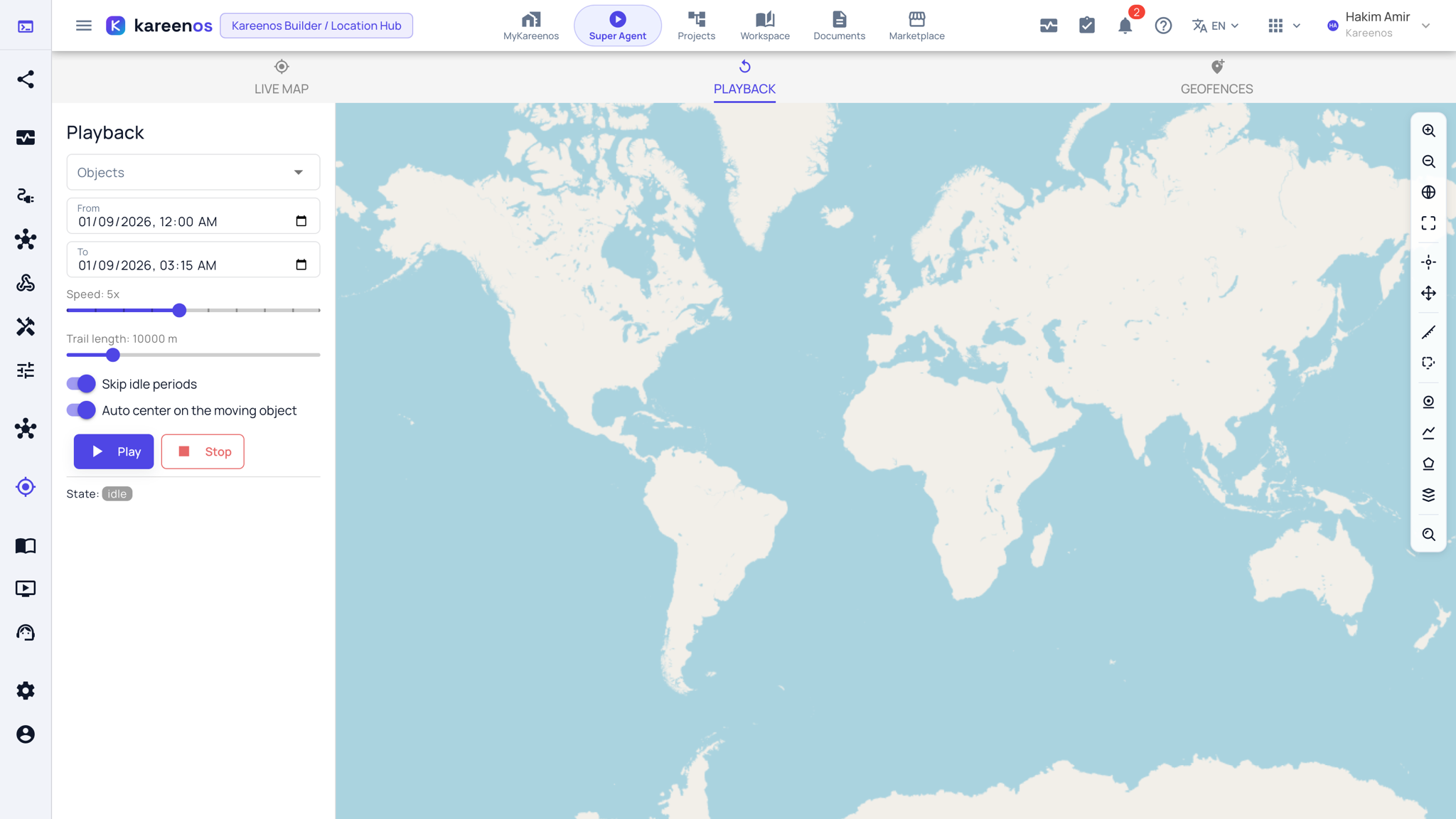 The Playback tab: the Objects selector, the From and To times, the Speed and Trail length sliders, the Skip idle periods and Auto center toggles, and the Play and Stop buttons beside the map