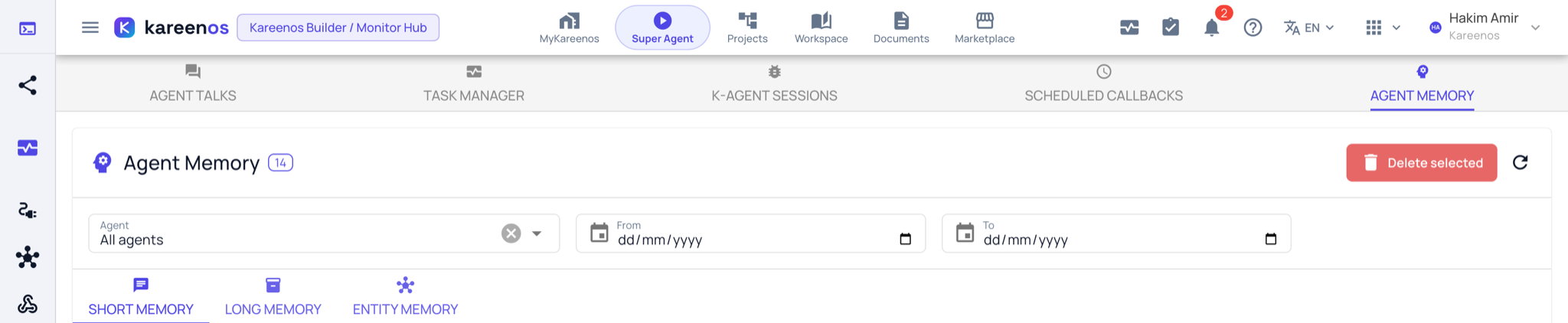 The Agent Memory tab: the Agent filter and date range, the Delete selected button, and the Short Memory, Long Memory and Entity Memory tabs