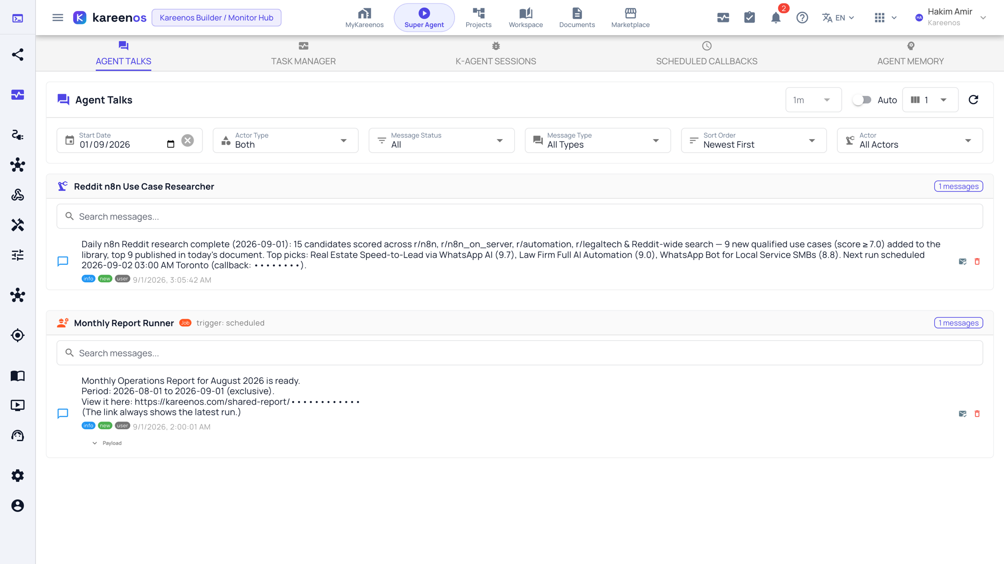 Agent Talks: the filters for date, actor type, message status and type across the top, and the feed grouped by agent with one message expanded