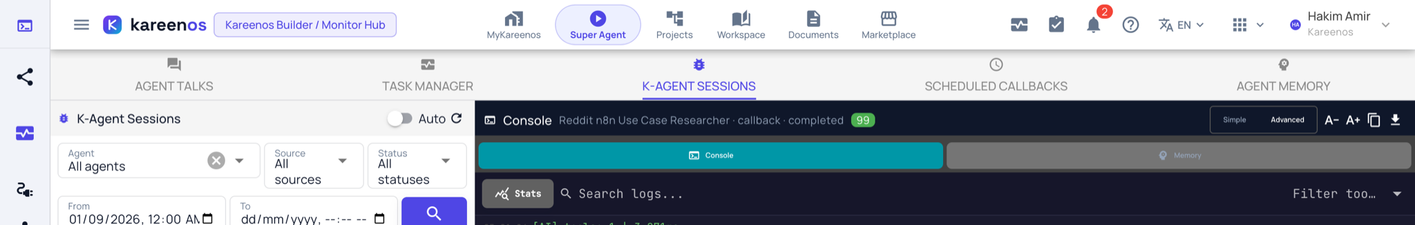 The console header for an opened session: the agent name, source and outcome, the Console and Memory tabs, the Stats button and the log search box