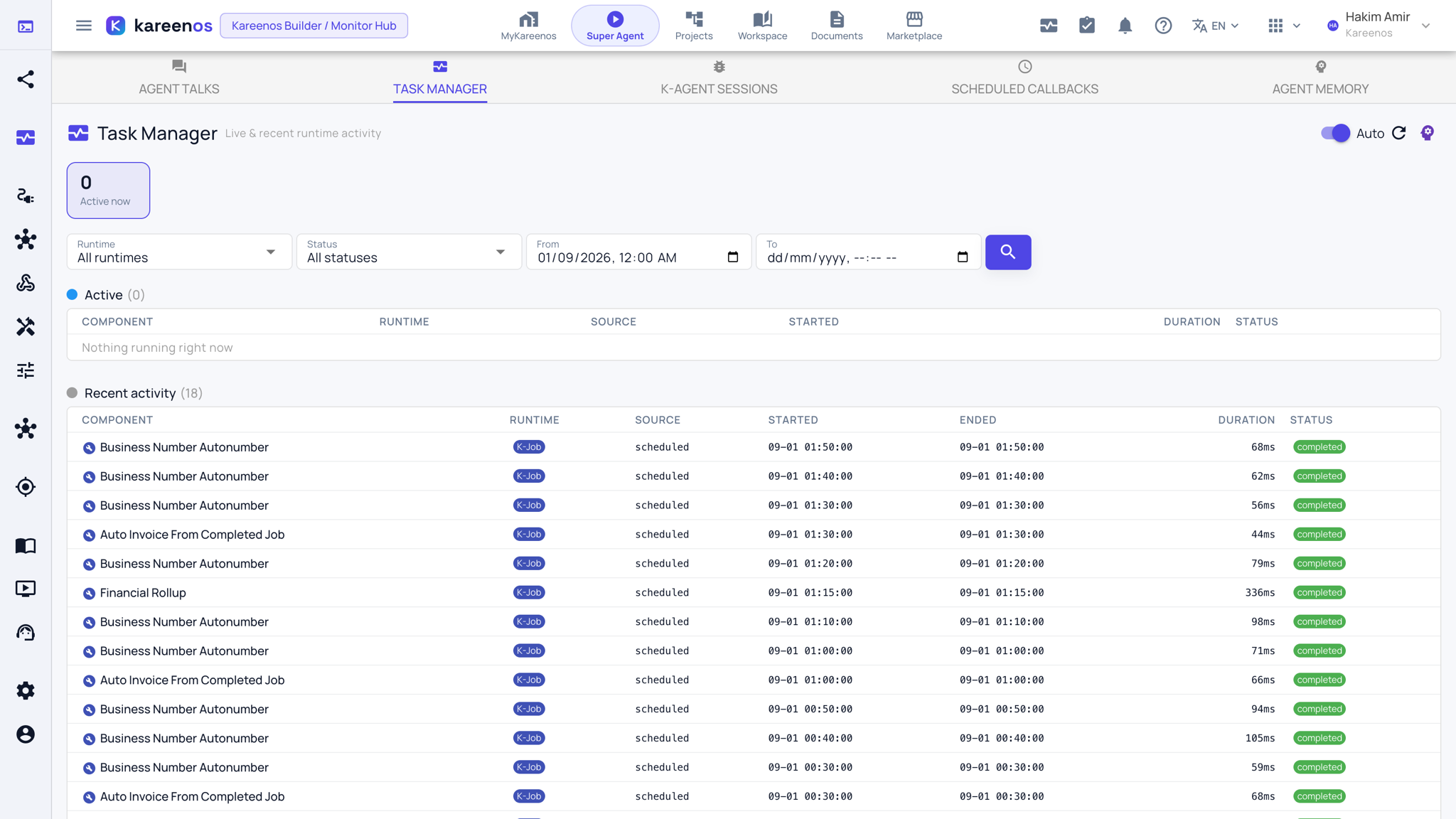 Task Manager showing the active count, the filters, an empty live table and the recent activity table with each run's duration and outcome