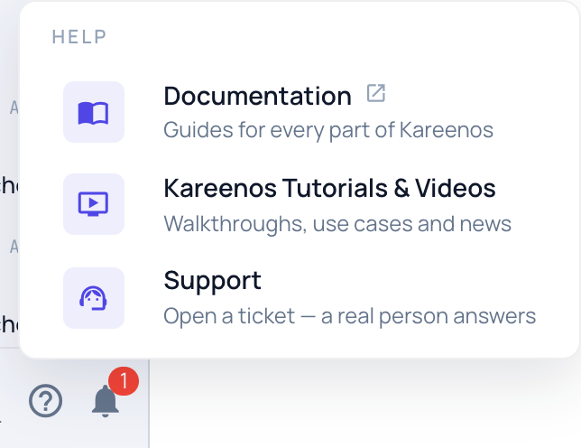 The Help menu opened from the question mark at the bottom of the sidebar, offering Documentation, Kareenos Tutorials & Videos and Support