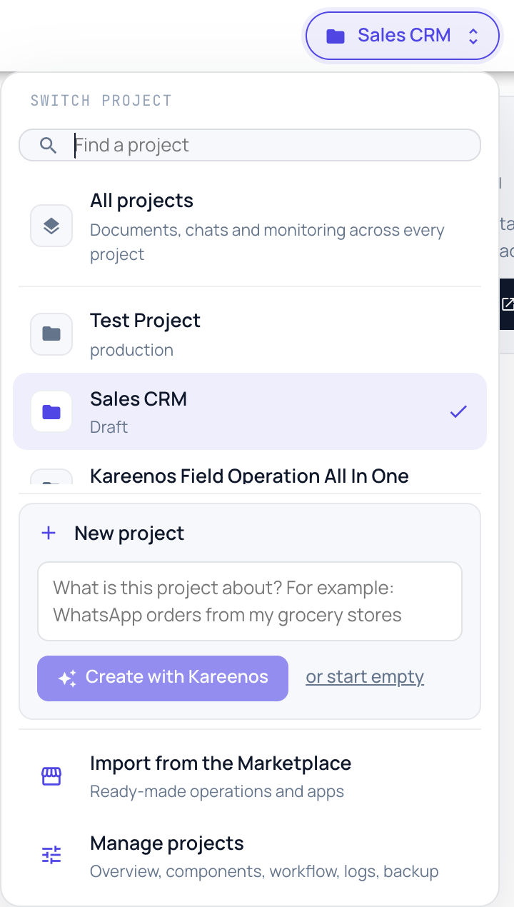 The project selector open, with the New project box at the bottom: a one-line description, the Create with Kareenos button and the or start empty link