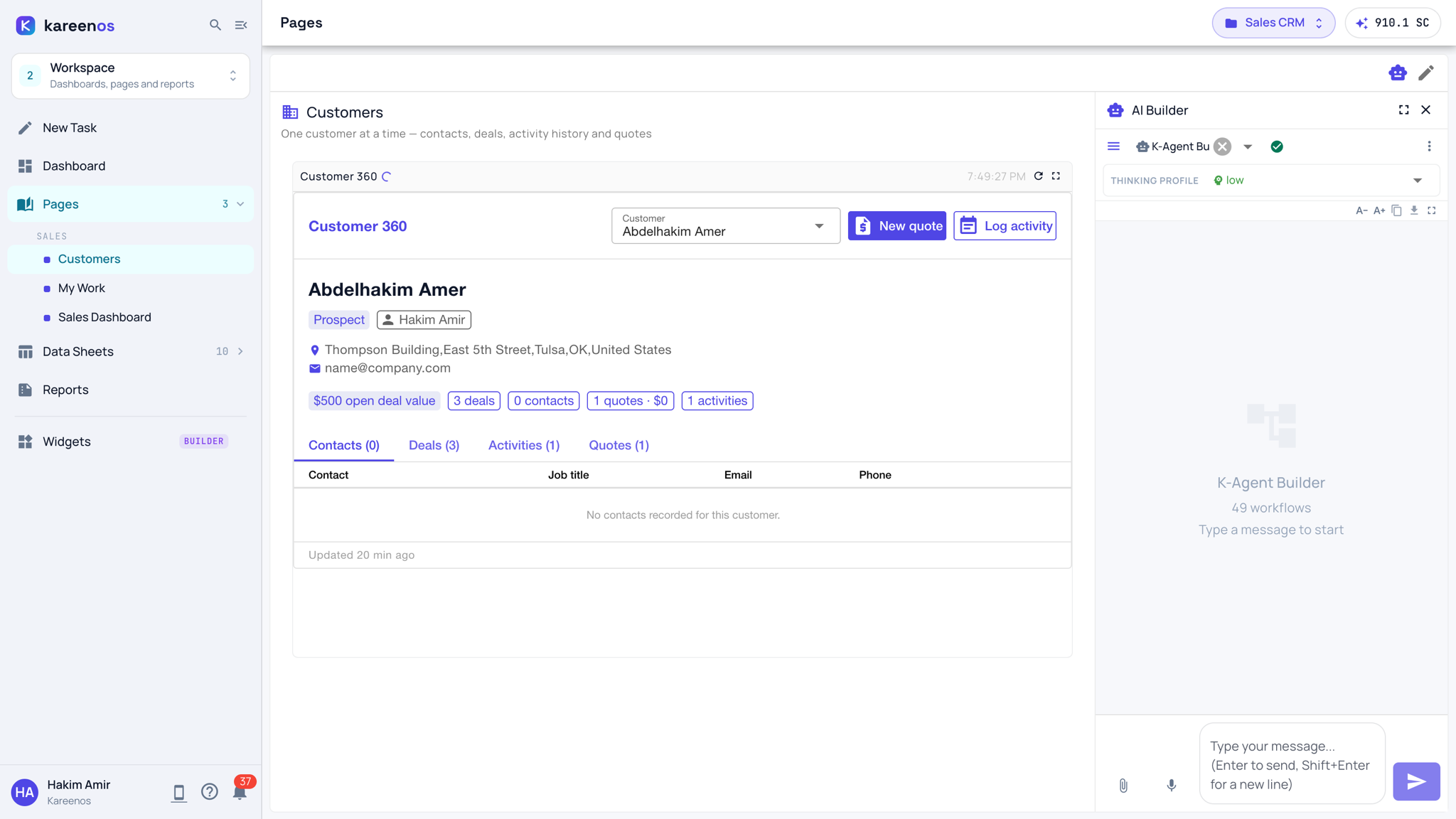 A page with the AI Builder panel open on the right, ready to take a description of the screen to build