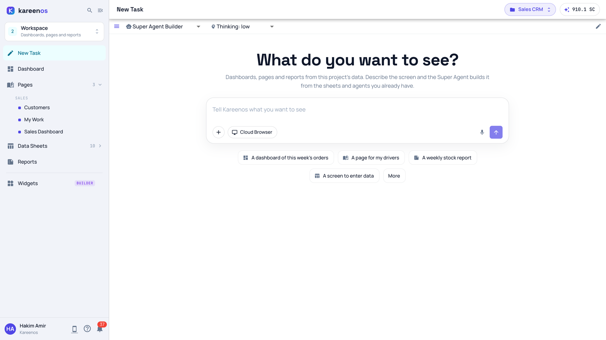 New Task at level 2: the headline What do you want to see, the task box, and example chips such as A dashboard of this week's orders, A page for my drivers, A weekly stock report and A screen to enter data