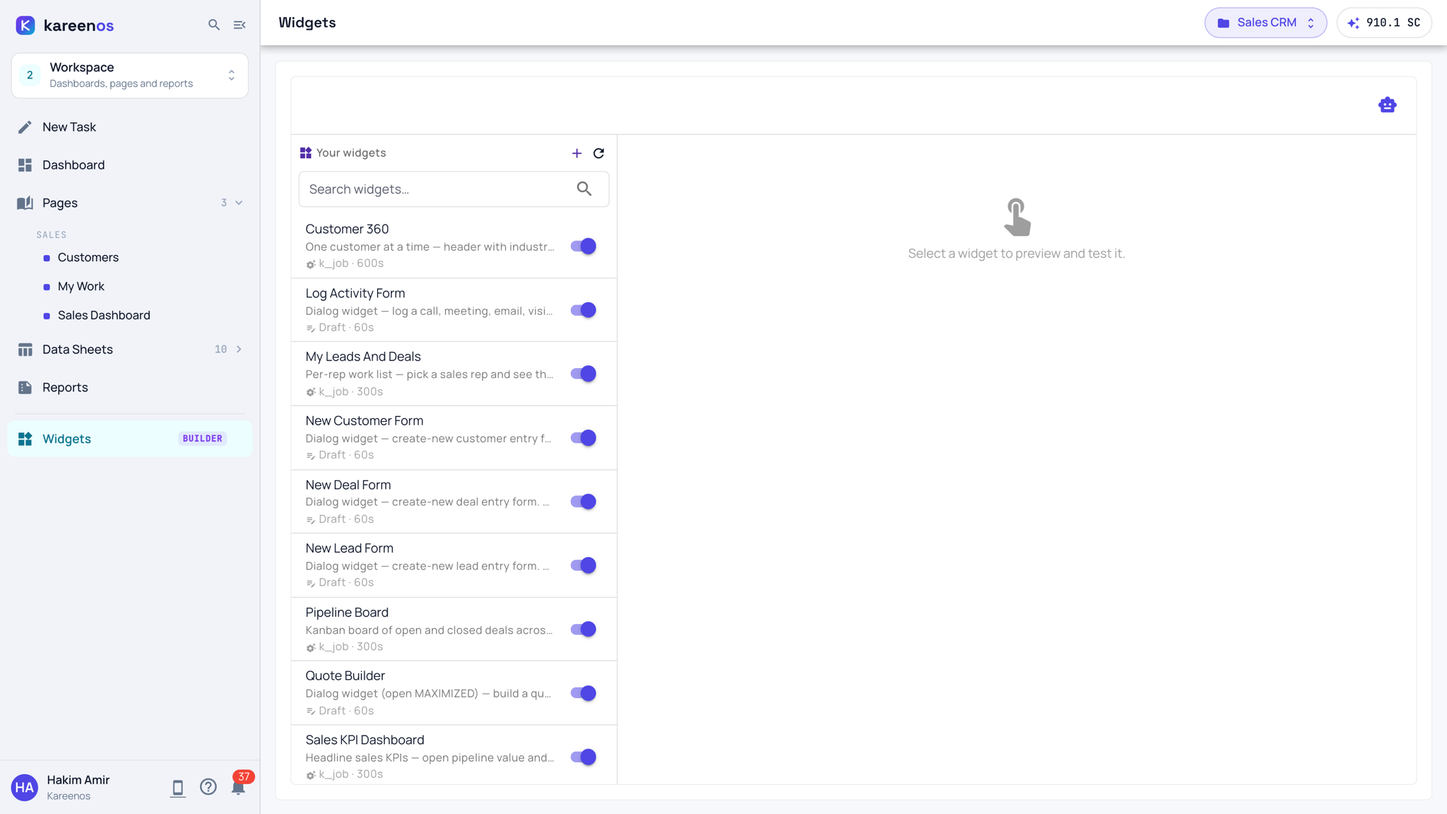 The Widgets page: the project's widgets listed with their name, description, what feeds them and how often they refresh, an on and off switch on each, and the preview area on the right