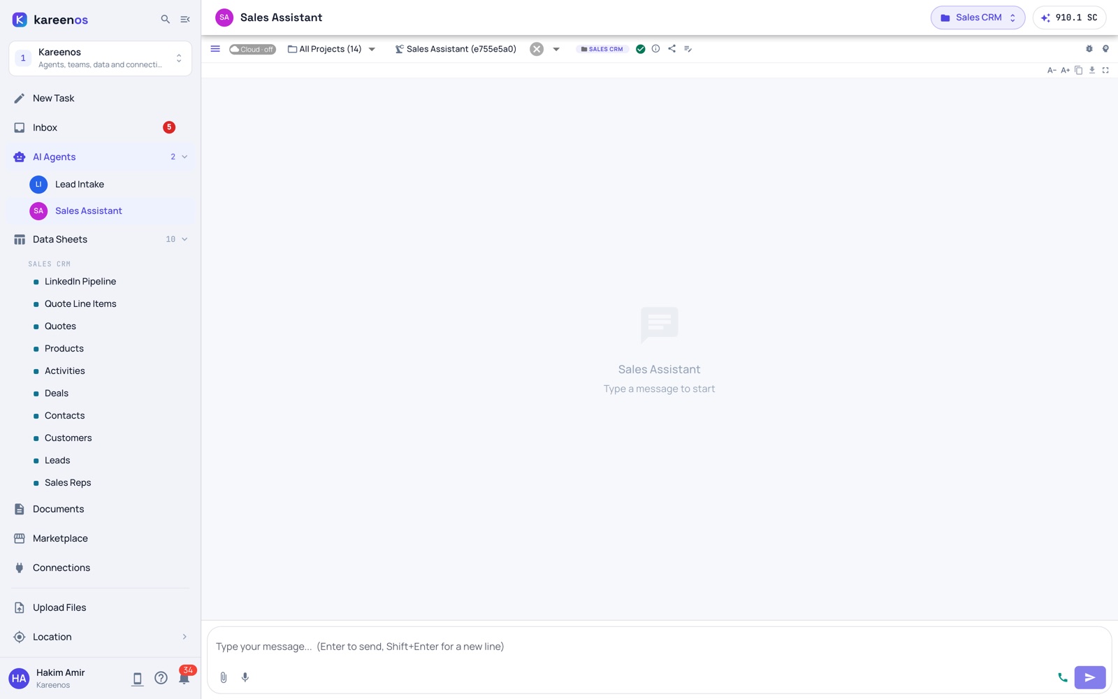 Kareenos AI Agents: the project's agents in the sidebar and the Sales Assistant agent open