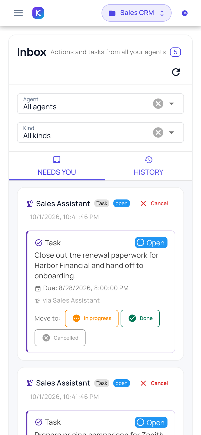 myKareenos Inbox on a phone: a task from an agent with one-tap status buttons