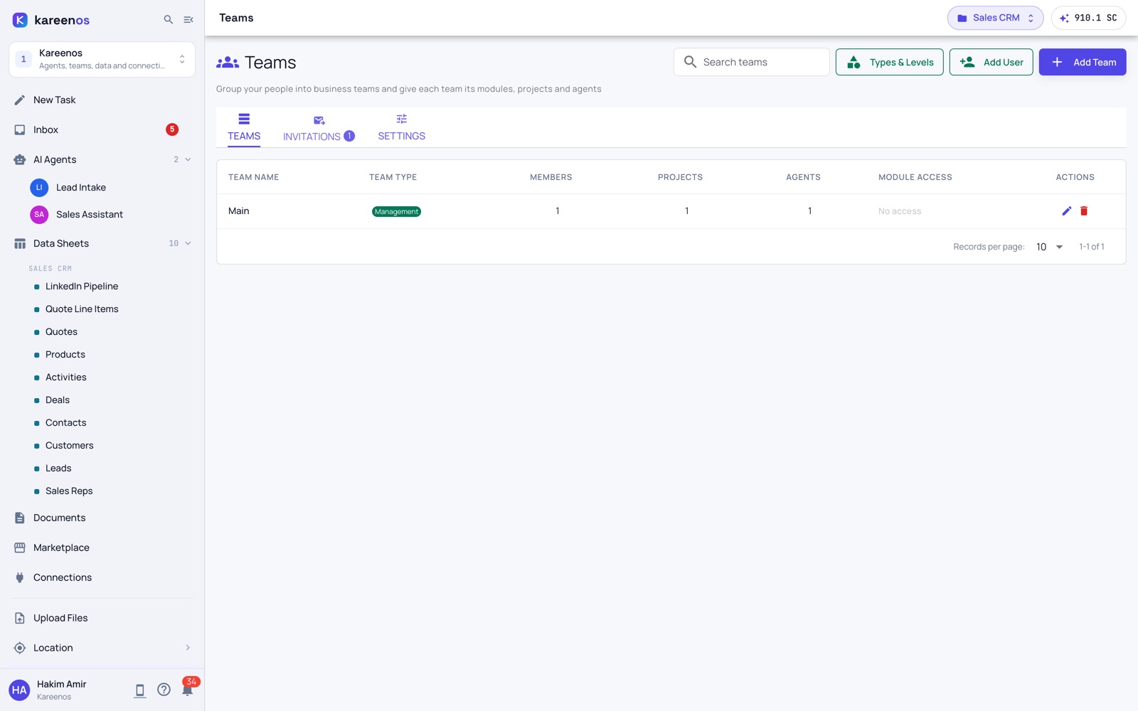 Kareenos Teams: business teams with their members, projects, agents and module access